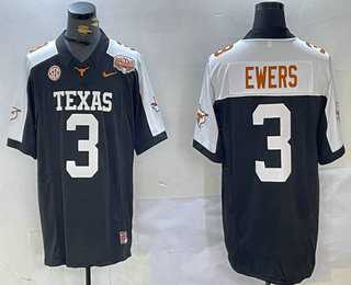 Mens Texas Longhorns #3 Quinn Ewers Black White 100TH FUSE College Stitched Jersey